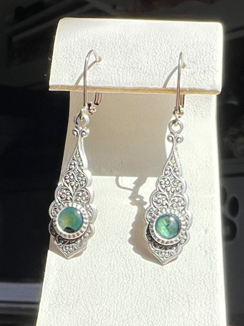 Green Tigers Eye Drop Antique Sterling Silver Earrings Hanging Baked Beads New